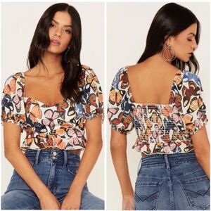 Show Me Your MuMu Orange and Blue Puff Sleeve Crop Blouse
